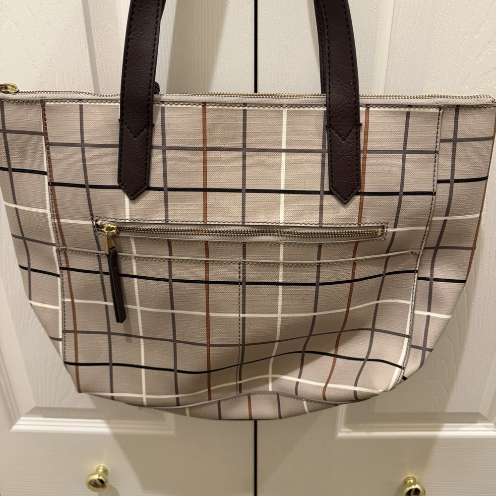 Fossil Sydney Large Tote Bag Gray Black Brown Plaid Windowpane PVC 17x12x4 - Picture 6 of 12